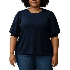 Design History Sweater Plus Size 2X Navy Blue Knit Lace Puff Sleeve Cotton
